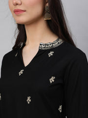 Women Black Embroidered Straight Kurta With Trouser And Net Dupatta