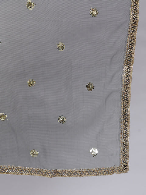 Women Black Embroidered Straight Kurta With Trouser And Net Dupatta