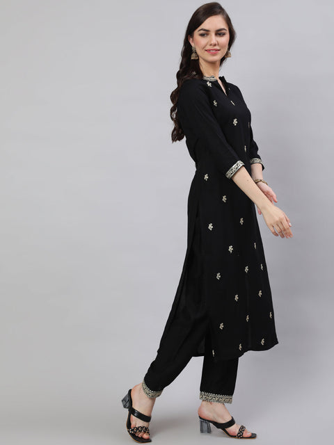 Women Black Embroidered Straight Kurta With Trouser And Net Dupatta