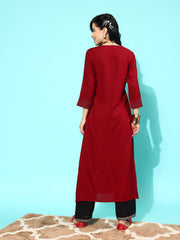 Women Maroon Embroidered Yoke Desgin Straight Kurta