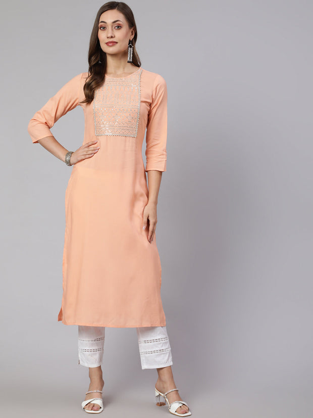 Women Peach Embroidered Straight Kurta With Three Quarter Sleeves