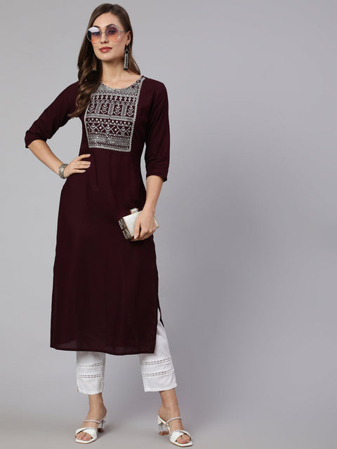 Women Burgundy Embroidered Straight Kurta With Three Quarter Sleeves