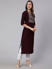Women Burgundy Embroidered Straight Kurta With Three Quarter Sleeves