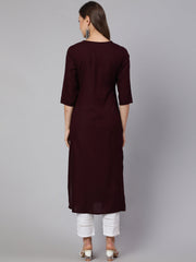 Women Burgundy Embroidered Straight Kurta With Three Quarter Sleeves