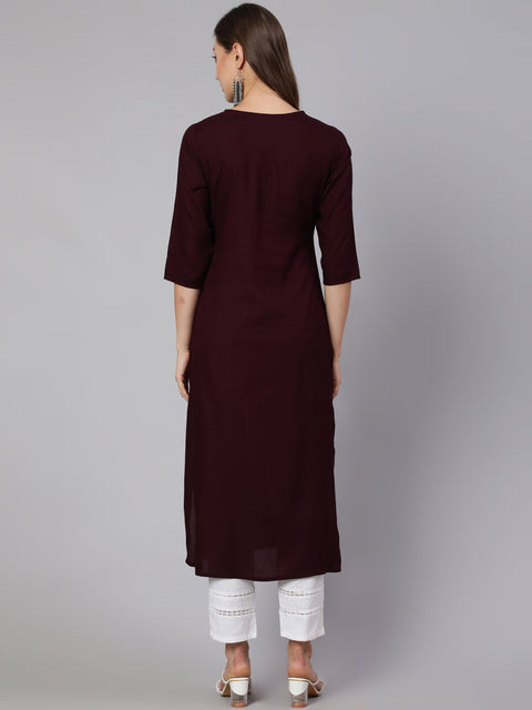Women Burgundy Embroidered Straight Kurta With Three Quarter Sleeves