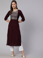 Women Burgundy Embroidered Straight Kurta With Three Quarter Sleeves