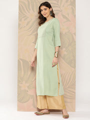 Women Green Embroidered Printed Straight Kurta With Three Quarter Sleeves