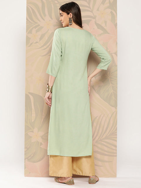 Women Green Embroidered Printed Straight Kurta With Three Quarter Sleeves