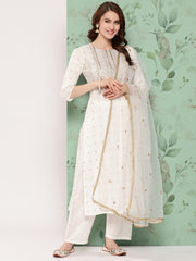 Women Off White Embroidered Straight Kurta With Palazzo And Net Dupatta
