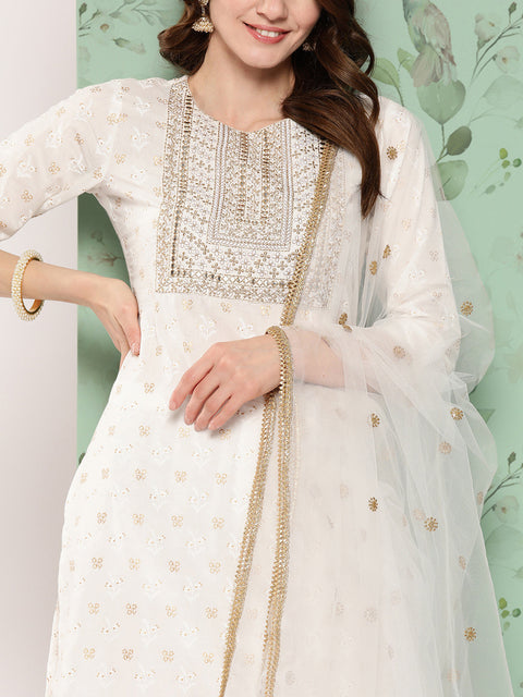 Women Off White Embroidered Straight Kurta With Palazzo And Net Dupatta
