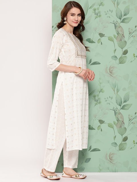 Women Off White Embroidered Straight Kurta With Palazzo And Net Dupatta