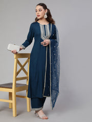 Women Teal Blue Embroidered Straight Kurta With Palazzo And Net Dupatta