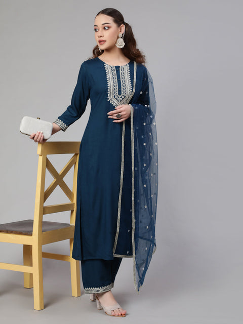 Women Teal Blue Embroidered Straight Kurta With Palazzo And Net Dupatta