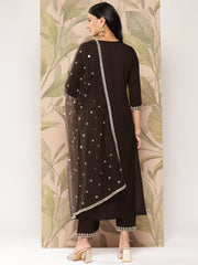 Women Brown Embroidered Straight Kurta With Palazzo And Dupatta