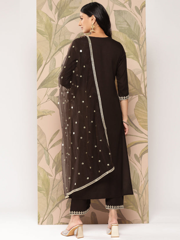 Women Brown Embroidered Straight Kurta With Palazzo And Dupatta
