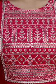 Women Red Embroidered Straight Kurta With Trouser And Net Dupatta