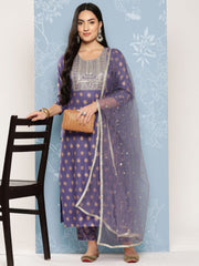 Women Purple Embroidered Straight Kurta With Palazzo And Net Dupatta