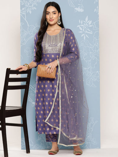 Women Purple Embroidered Straight Kurta With Palazzo And Net Dupatta