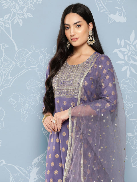 Women Purple Embroidered Straight Kurta With Palazzo And Net Dupatta