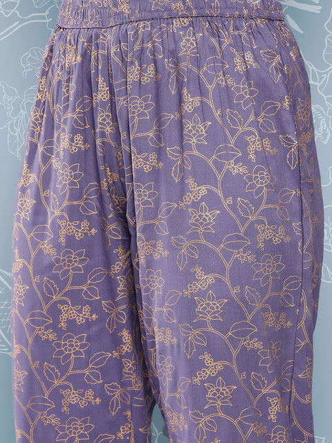 Women Purple Embroidered Straight Kurta With Palazzo And Net Dupatta
