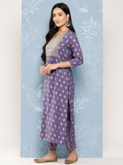 Women Purple Embroidered Straight Kurta With Palazzo And Net Dupatta