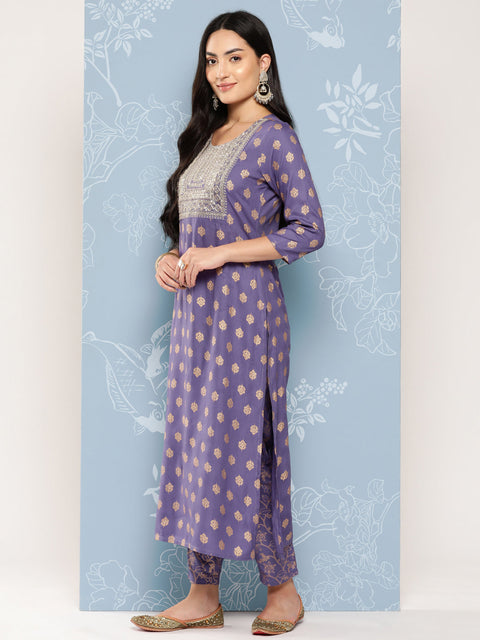 Women Purple Embroidered Straight Kurta With Palazzo And Net Dupatta