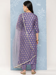 Women Purple Embroidered Straight Kurta With Palazzo And Net Dupatta