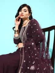 Women Dark Purple Embroidered Straight Kurta With Palazzo And Net Dupatta