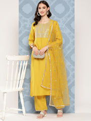 Women Yellow Embroidered Straight Kurta With Palazzo And Net Dupatta