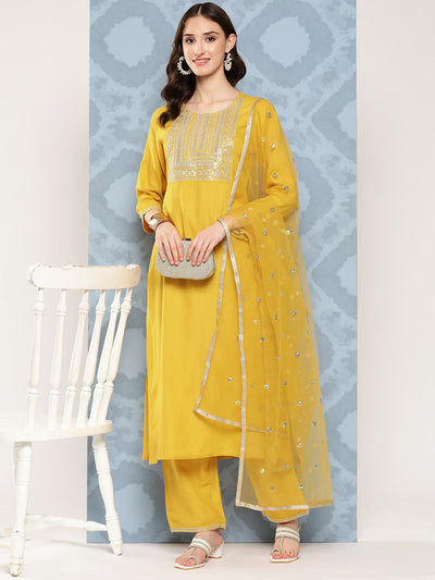 Women Yellow Embroidered Straight Kurta With Palazzo And Net Dupatta