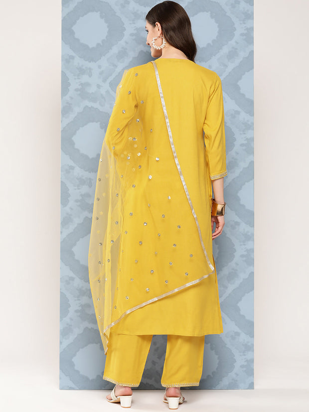 Women Yellow Embroidered Straight Kurta With Palazzo And Net Dupatta