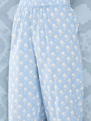 Women Blue Printed Flared Kurta And Trouser With Dupatta