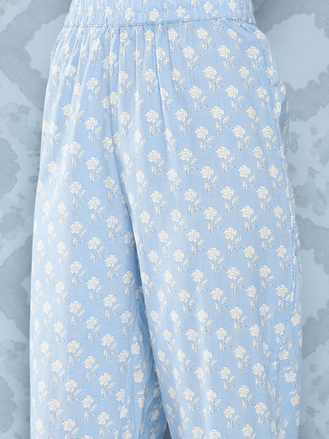 Women Blue Printed Flared Kurta And Trouser With Dupatta