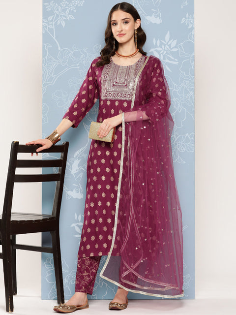 Women Burgundy Embroidered Straight Kurta With Palazzo And Net Dupatta