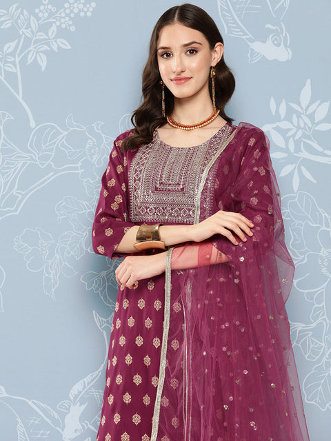 Women Burgundy Embroidered Straight Kurta With Palazzo And Net Dupatta