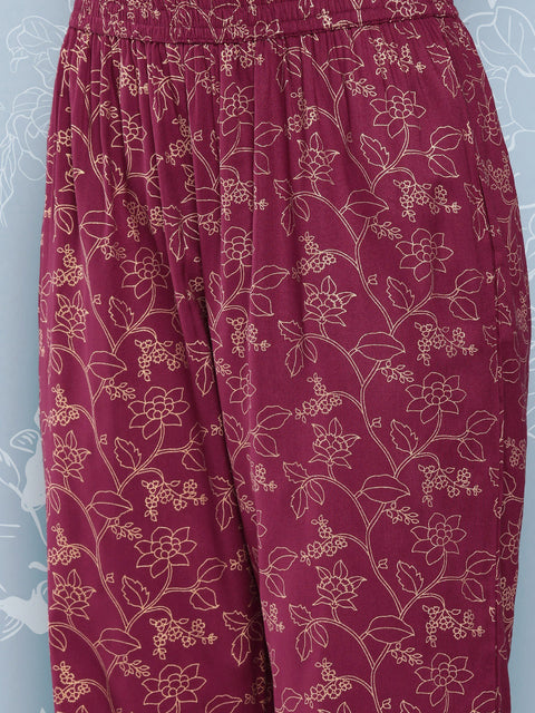Women Burgundy Embroidered Straight Kurta With Palazzo And Net Dupatta