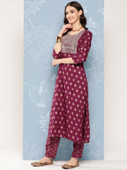 Women Burgundy Embroidered Straight Kurta With Palazzo And Net Dupatta