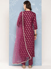 Women Burgundy Embroidered Straight Kurta With Palazzo And Net Dupatta