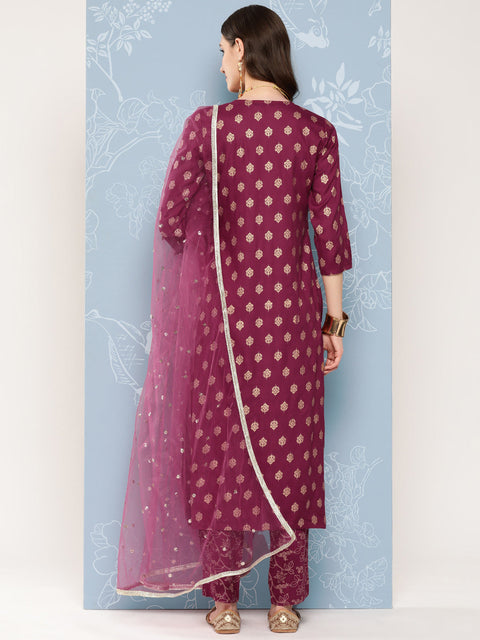 Women Burgundy Embroidered Straight Kurta With Palazzo And Net Dupatta