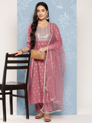 Women Mauve Embroidered Straight Kurta With Palazzo And Net Dupatta