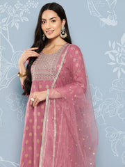 Women Mauve Embroidered Straight Kurta With Palazzo And Net Dupatta