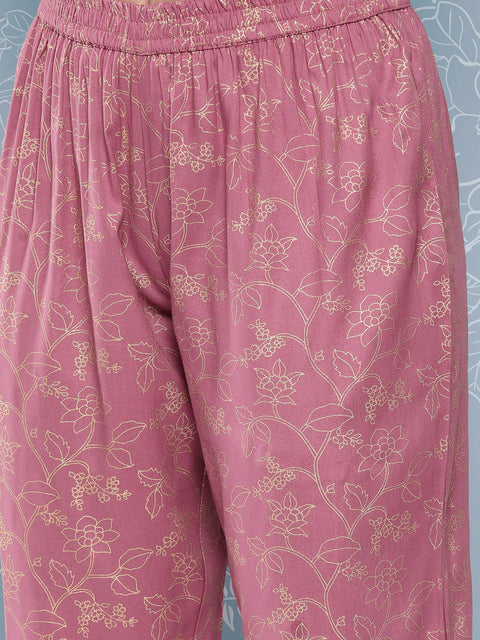 Women Mauve Embroidered Straight Kurta With Palazzo And Net Dupatta