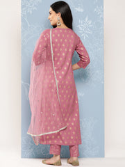 Women Mauve Embroidered Straight Kurta With Palazzo And Net Dupatta