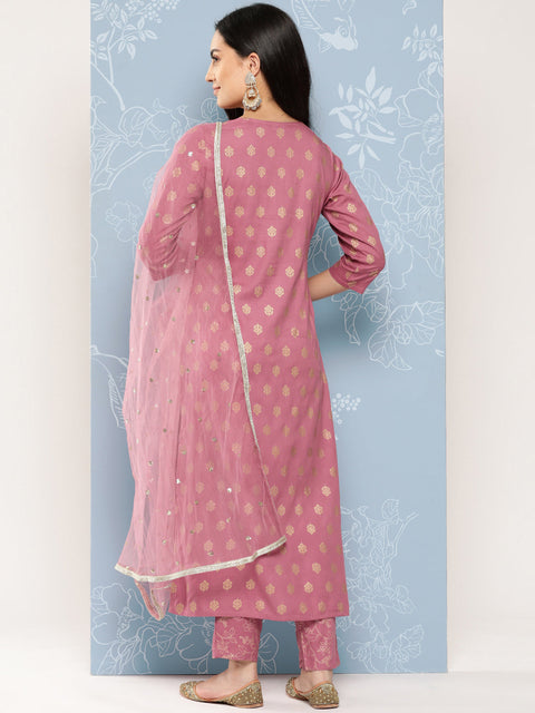 Women Mauve Embroidered Straight Kurta With Palazzo And Net Dupatta