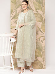 Women Green Embroidered Straight Kurta With Palazzo And Dupatta