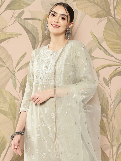 Women Green Embroidered Straight Kurta With Palazzo And Dupatta