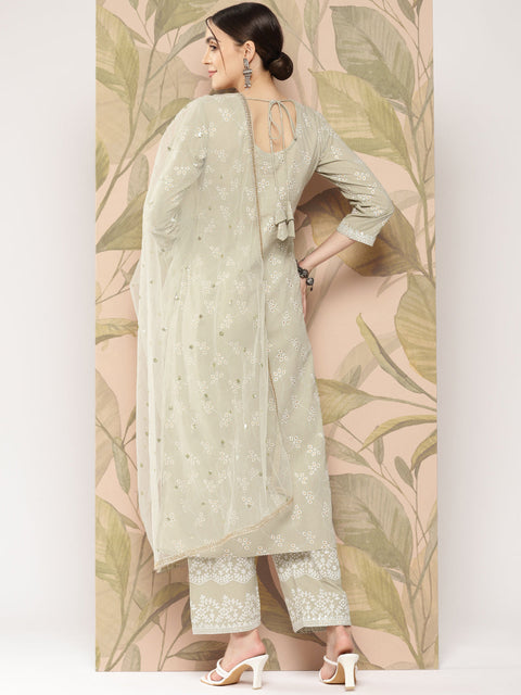 Women Green Embroidered Straight Kurta With Palazzo And Dupatta