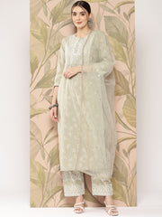 Women Green Embroidered Straight Kurta With Palazzo And Dupatta