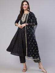 Women Navy Blue Embroidered Flared Kurta With Trouser And Dupatta