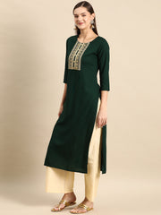 Women Green Embroidered Yoke Desgin Straight Kurta